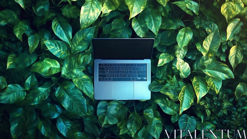Silver laptop rests among lush green tropical foliage.