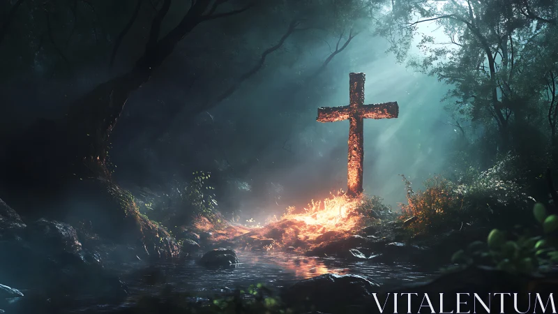 Cross stands in forest clearing amid localized ground fire