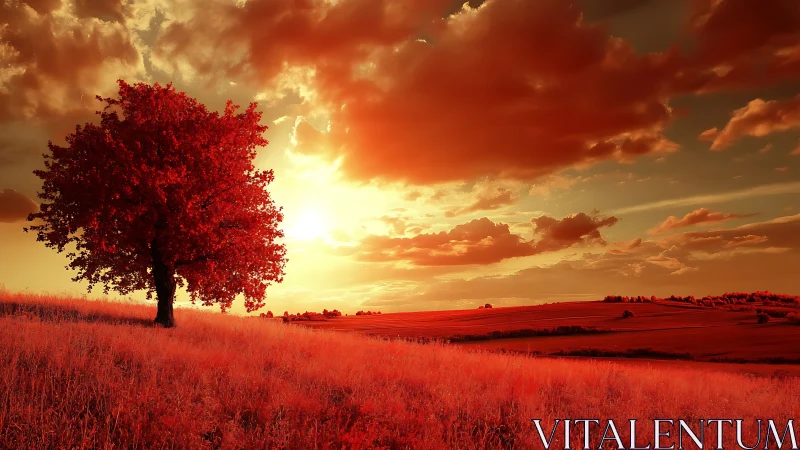 Lone crimson tree drinks the last molten light of sunset