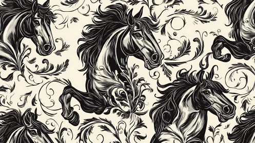 Dynamic black horse pattern with ornate swirling foliage.