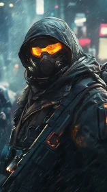 Futuristic soldier in rain with glowing mask and rifle.