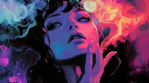 Dreamy neon portrait wrapped in glowing colorful smoke.
