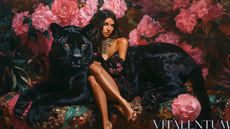 Woman in Elegant Black Gown Poses With Majestic Panthers