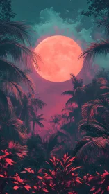 Neon moon rises over a glowing tropical jungle dreamscape.