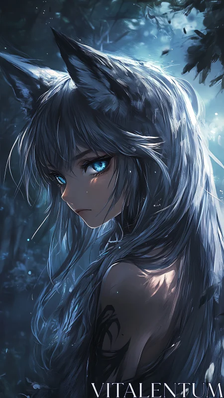Silver haired fox girl with glowing blue eyes in moonlit forest.
