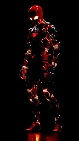 Luminous red cyber hero in sleek armored exosuit stance.