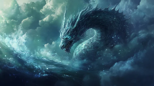 Stormlit sea dragon curls from the waves and claims the sky