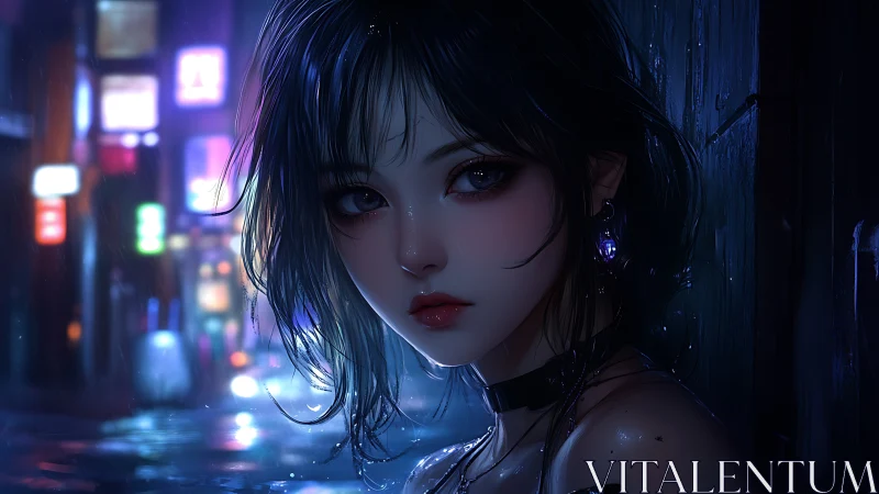 Neon rain-drenched girl under moody cyberpunk streetlights.