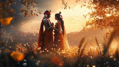 Divine lovers stand in golden meadow under glowing dusk sky.