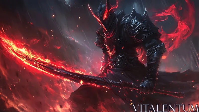 Armored figure holds flaming sword in dark, ember-filled scene