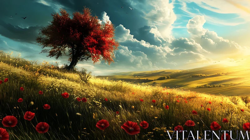 Red tree dominates sunlit hillside with dramatic volumetric clouds