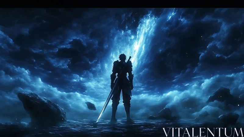 Solitary armored warrior confronts luminous celestial storm