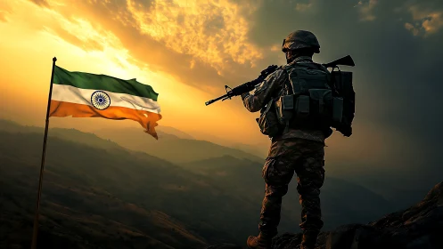 Indian soldier silhouette with national flag at sunset horizon.