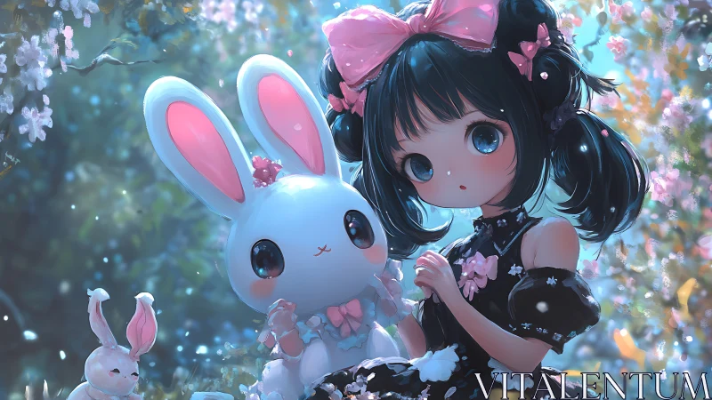 Pastel forest girl with luminous white bunny companions.