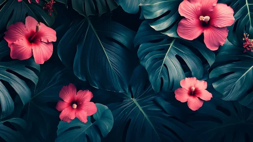 Crimson Hibiscus Dance: Tropical Blooms Meet Teal Foliage.