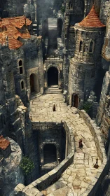 Stone fortress passage with towers, arches, and figures.