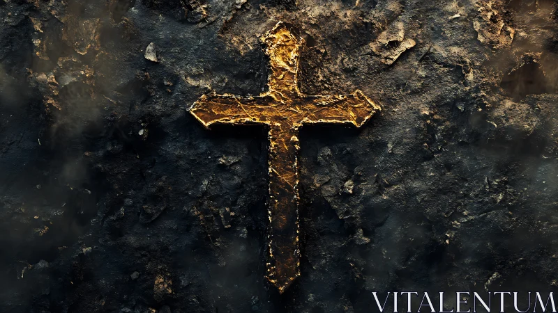 Burnished golden cross blazing from charred stone dusk.