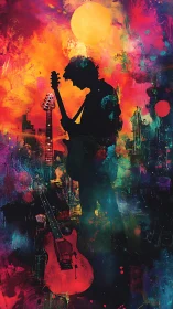 Silhouetted guitarist under blazing neon sunset sky.