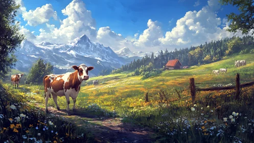 Gentle cows wandering through a bright alpine meadow day.