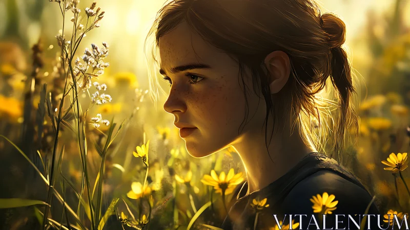 Teen girl profile in sunlit wildflower field at golden hour.