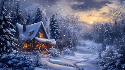 Snowy forest cottage glows warmly under a peaceful winter sky