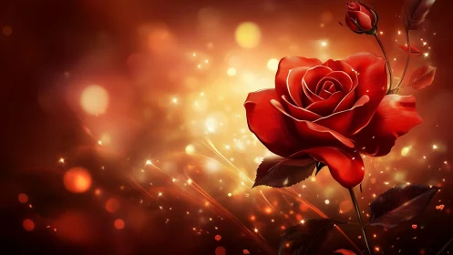 Red Rose with Golden Bokeh and Sparkle Effects.
