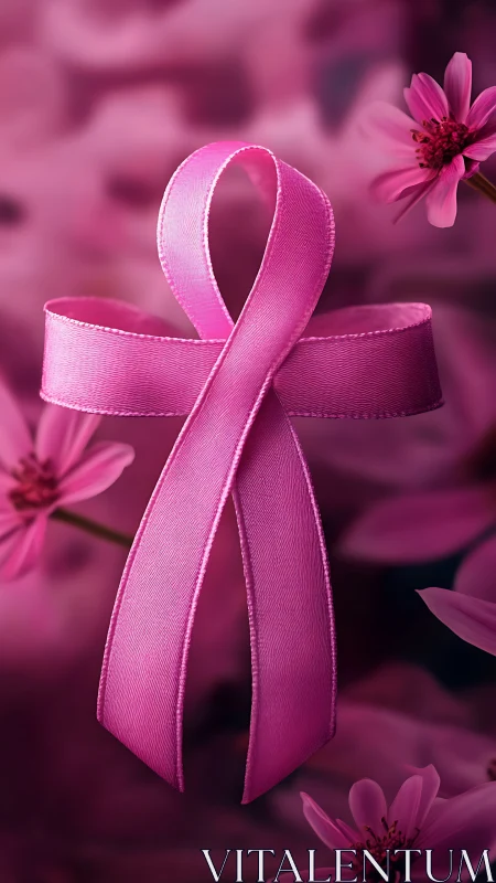 Pink awareness ribbon displayed among flowers on pink background.
