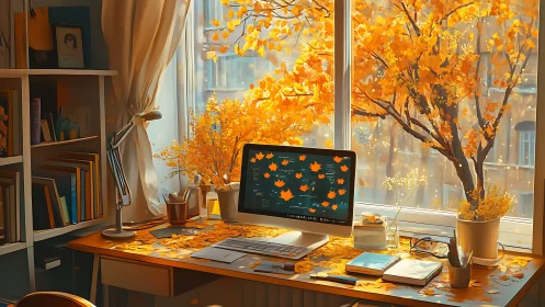 Home office desk with computer and autumn foliage outside window.