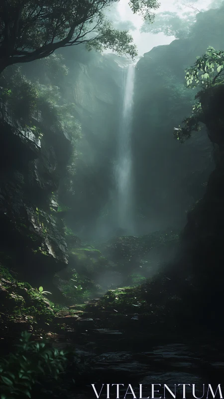 Misty Waterfall Deep in Rainforest Canyon.