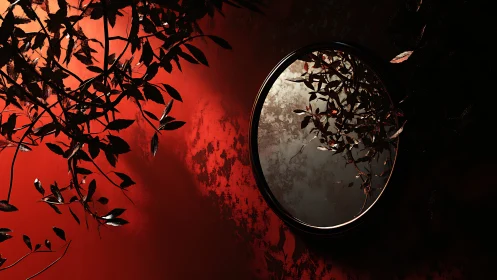 Round wall mirror reflecting dark leaves on red wall.