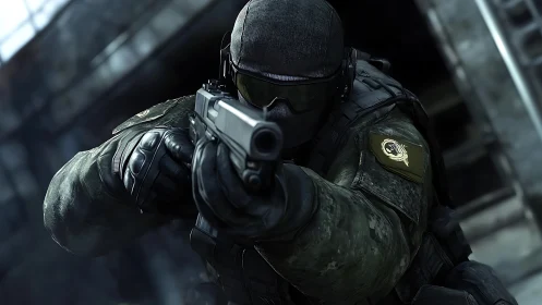 Tactical soldier aims pistol in close-quarters urban combat