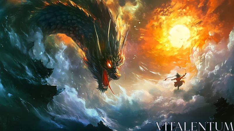 Fiery sky dragon greets a lone warrior in swirling clouds