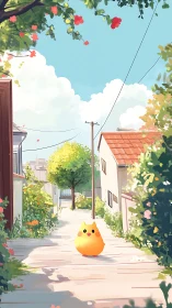 Yellow blob creature on sunny residential lane.