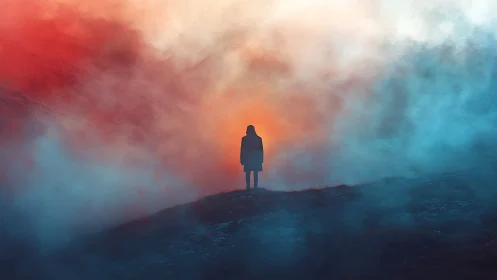 Solitary figure stands in glowing red and blue mountain mist