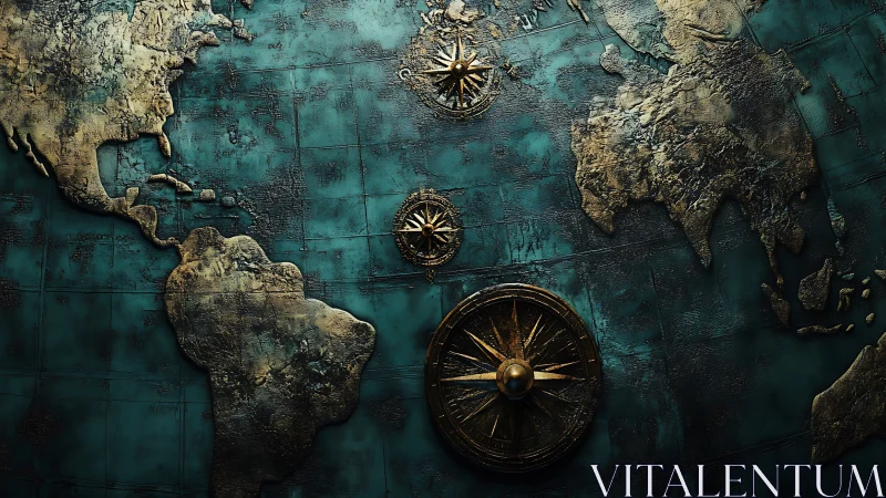 Compass roses quietly steer a weathered teal worldmap