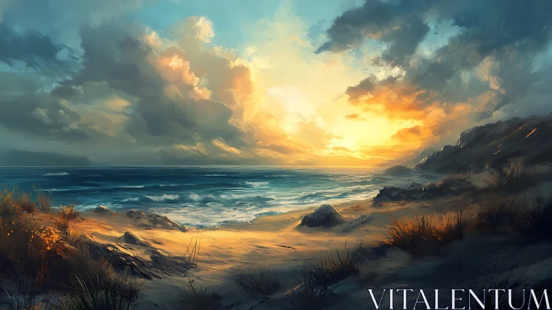 Golden shore at dusk where clouds cradle the sunset.