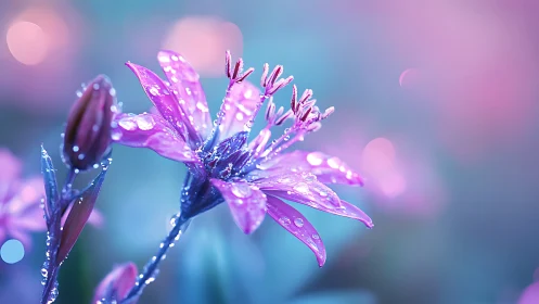 Purple flower macro with dewdrops and soft bokeh background.