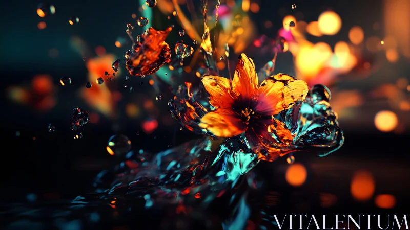 Vivid orange flower bursting through water in dramatic digital art.