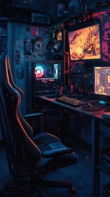Neon lit gaming desk shows dual monitors and open PC case