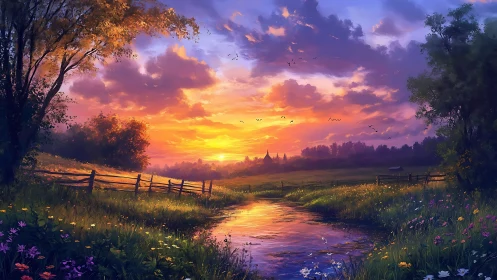 Golden sunset stream winding through a dreaming meadow.