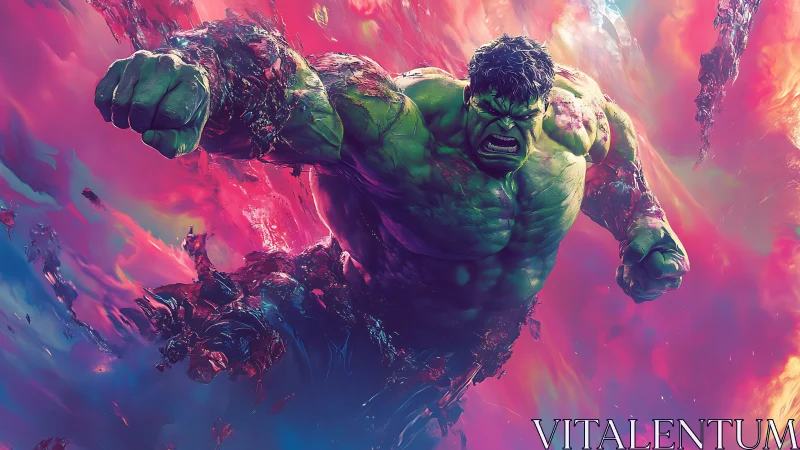 Green muscular titan lunges through neon cosmic storm