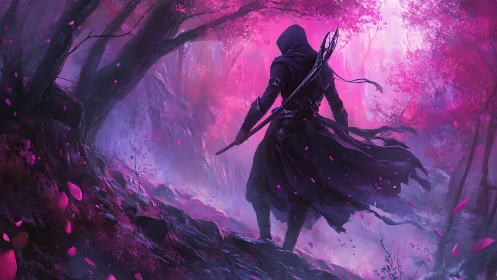 Rogue archer prowling through ethereal magenta forestscape.