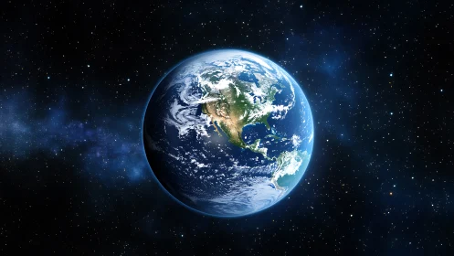 Planet Earth is rendered in space with visible cloud systems