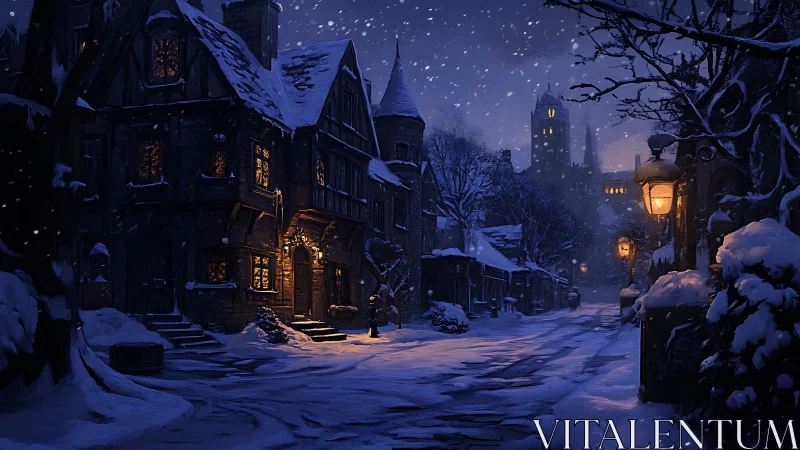 Snow-laden medieval street rendered with warm lamplight occlusion