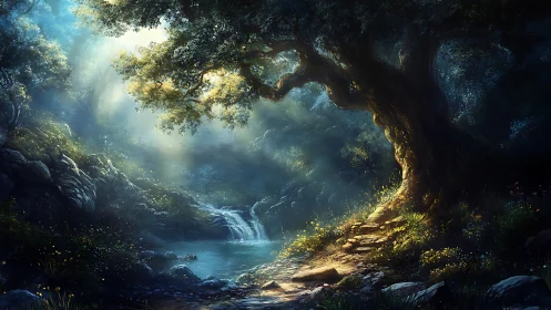 Mystical Cavern with Waterfall and Golden Light.