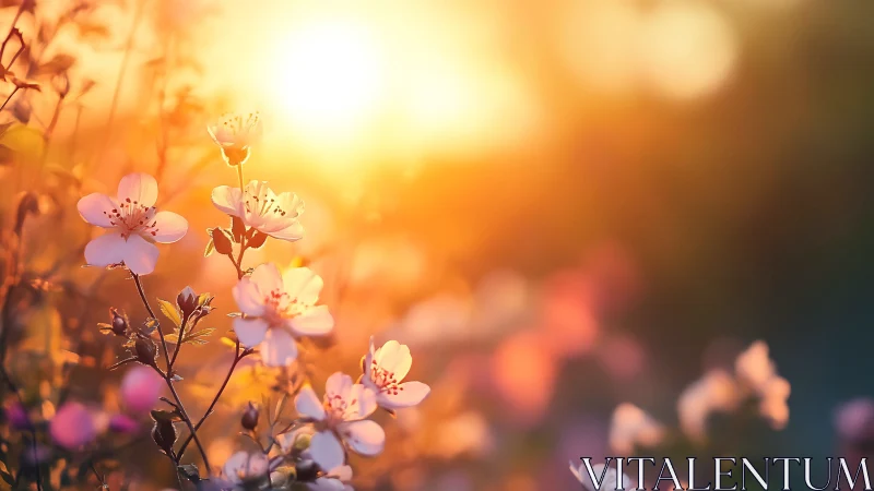 Golden sunrise gently warms delicate spring blossoms