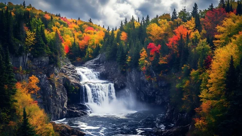 Waterfall cuts through rocky gorge amid dense autumn forest