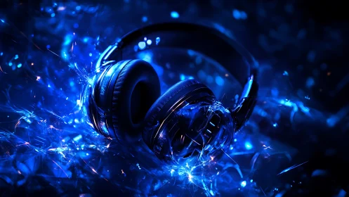 Closed-back over-ear headphones in electric blue light field