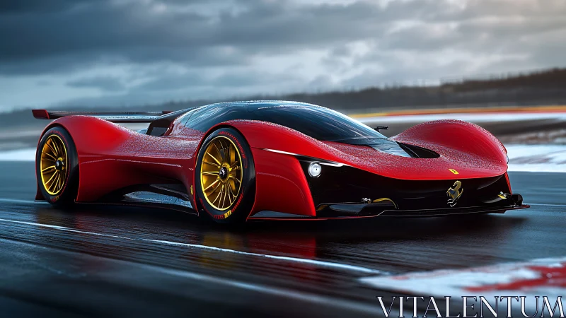 Red futuristic hypercar on wet racetrack at dusk.