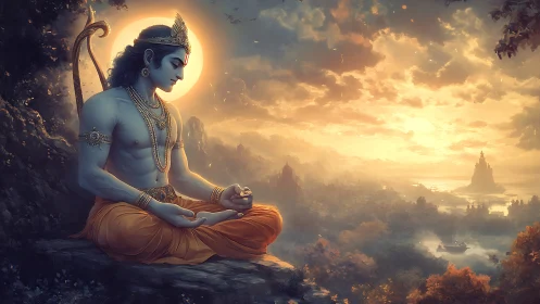 Divine meditative figure over mythic valley at golden sunset